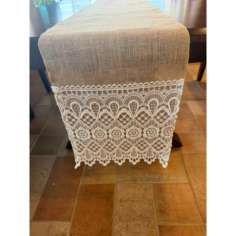Handmade Burlap Lace Table Runner 12x108 Rustic Wedding Cottagecore Farmhouse